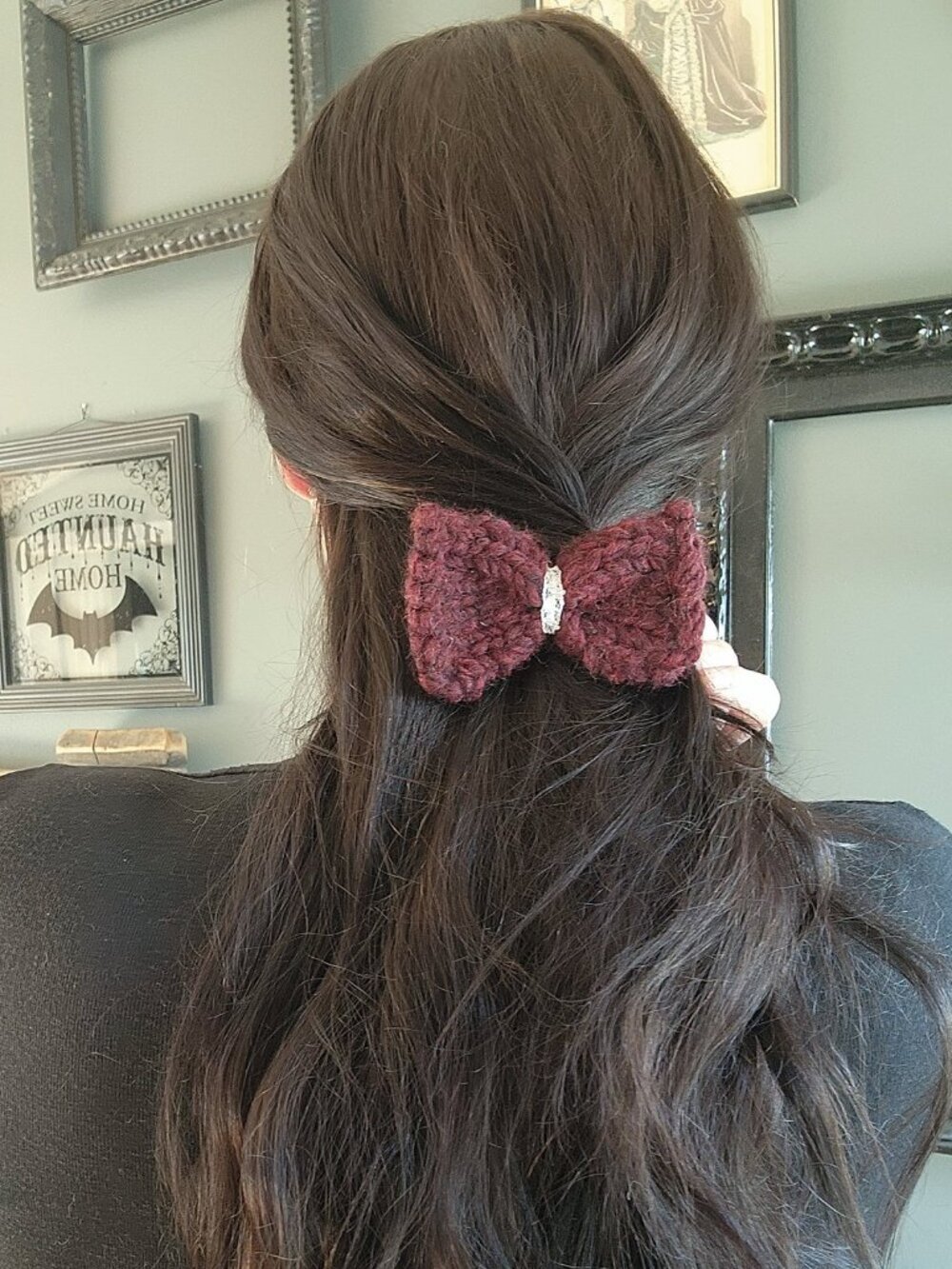Hand Knit Hair Bow on Clip, Dark Red with Vintage White Lace, "Vamp"